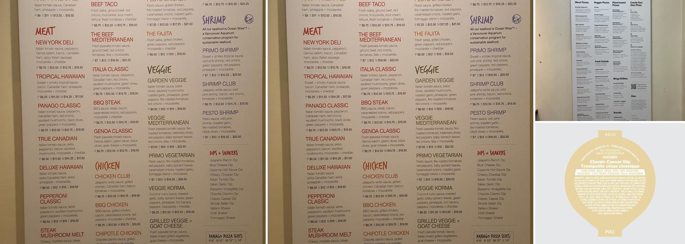 Panago Pizza Menu