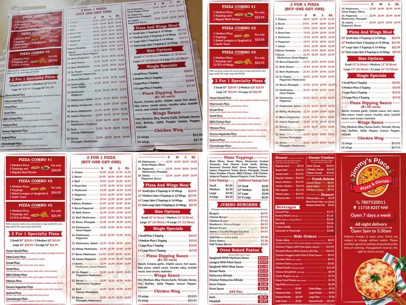 Jimmy's Place pizza & Donair Menu