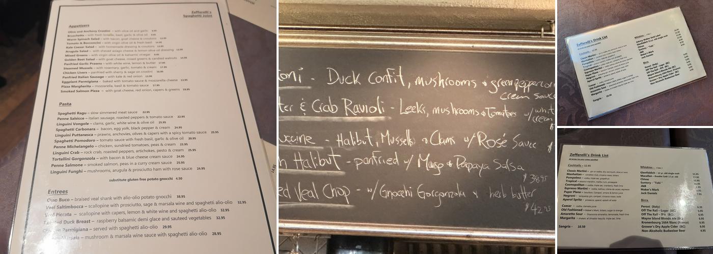 Zefferelli's Spaghetti Joint Menu