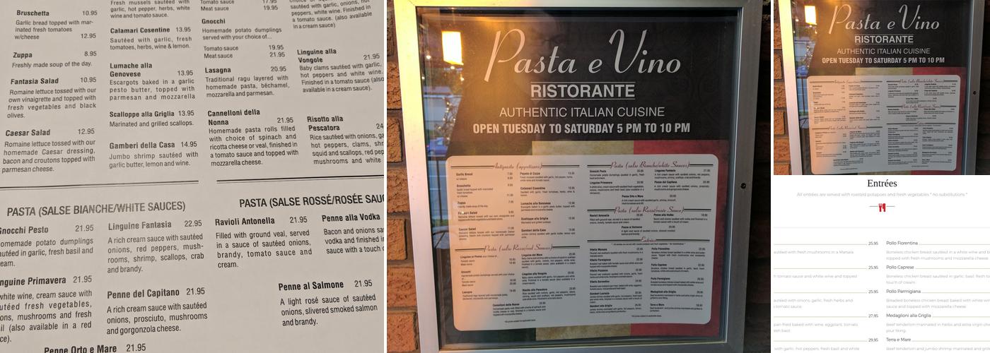 Pasta e Vino Ristorante Menu