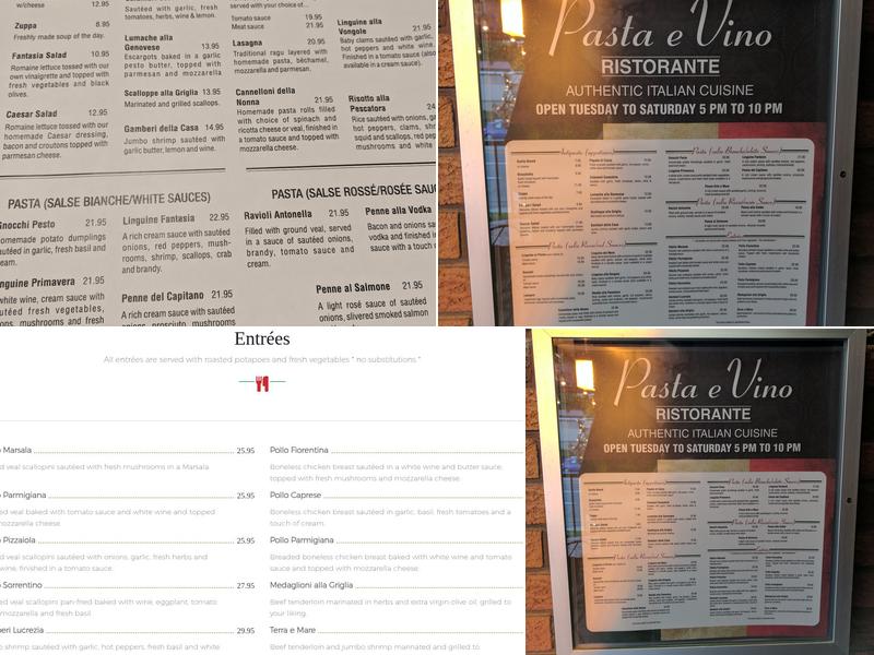 Pasta e Vino Ristorante Menu