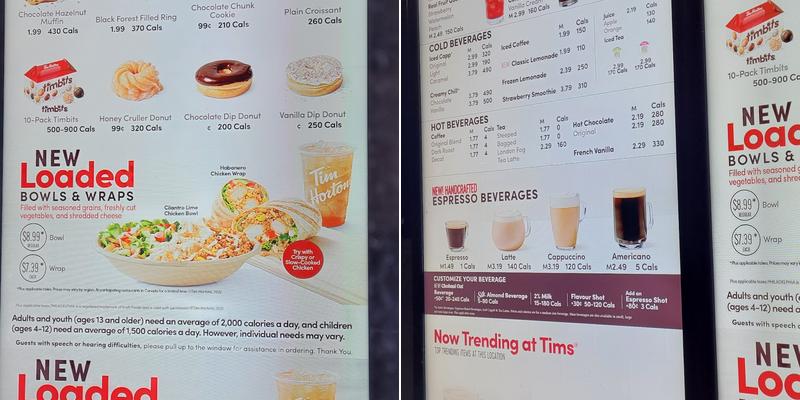Tim Hortons Menu