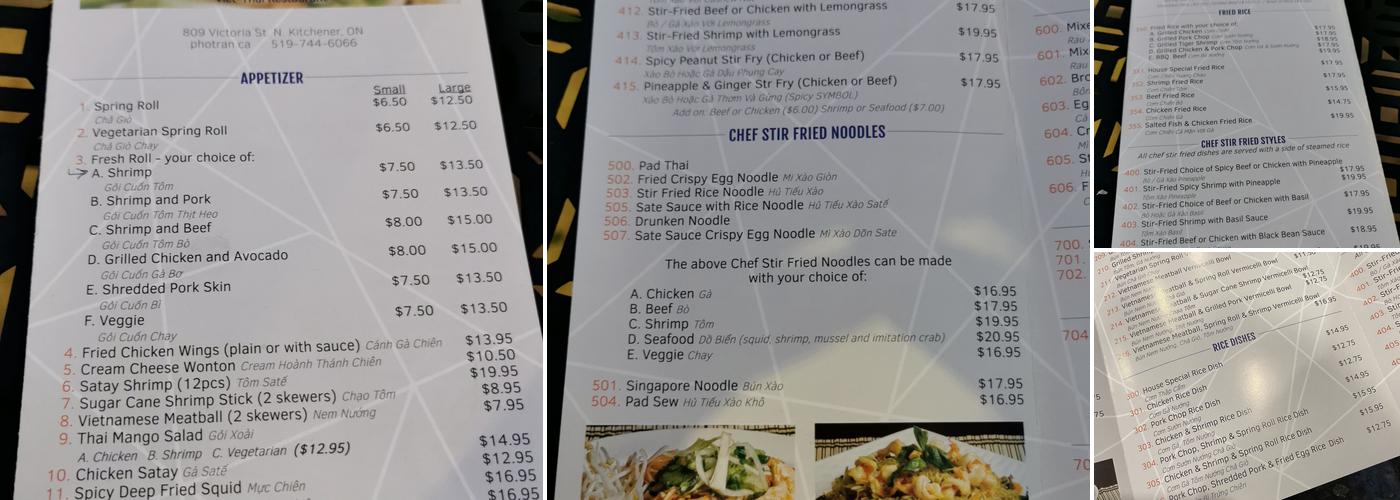 Pho Tran Menu