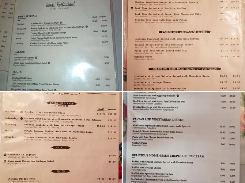 Jonas Restaurant & Bar Menu