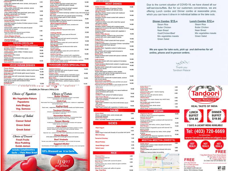 Tandoori Palace East Indian Restaurant Menu