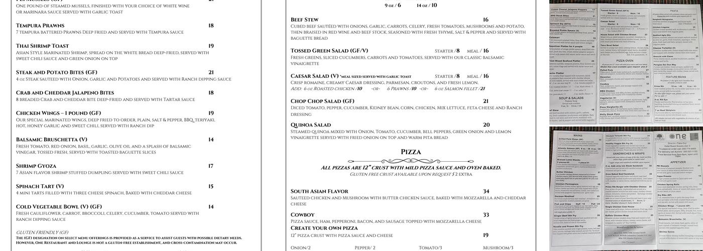 One Restaurant Menu