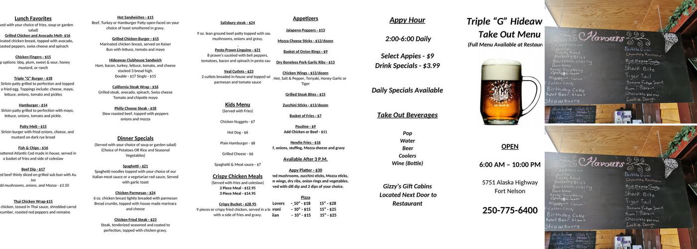 Triple G Hideaway Menu