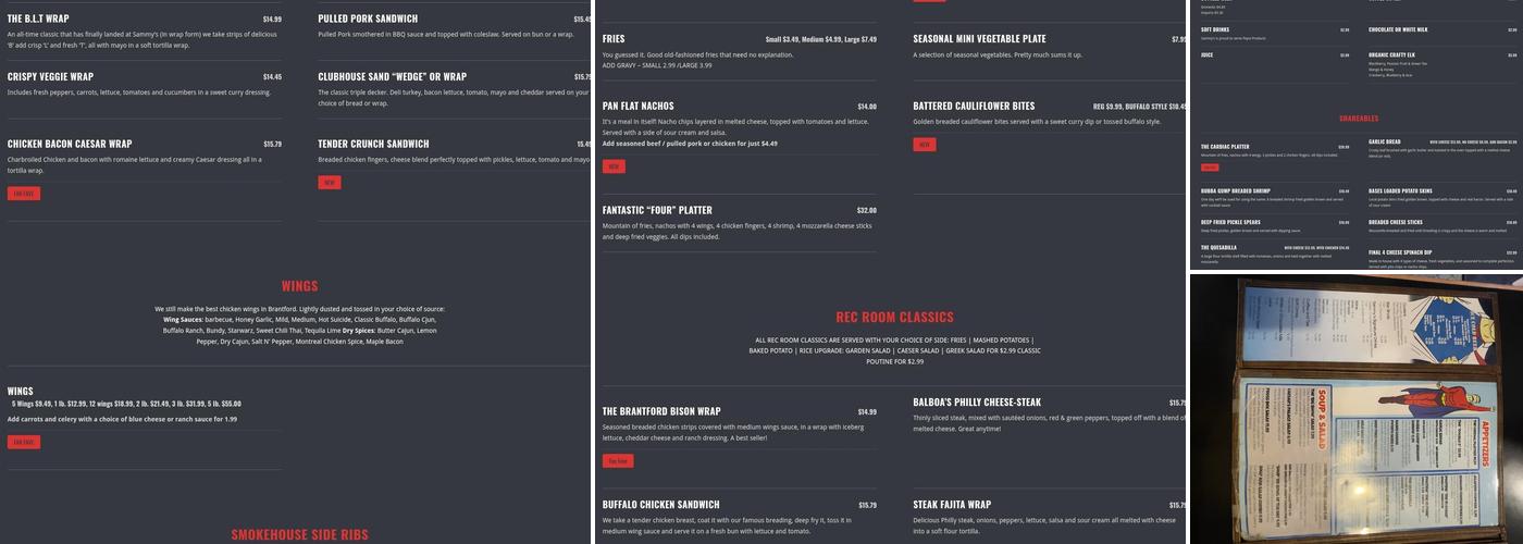 Sammy's Rec Room Menu