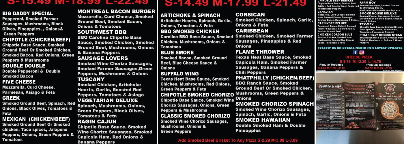 Big Daddy's Pizza, BBQ & Poutine Menu