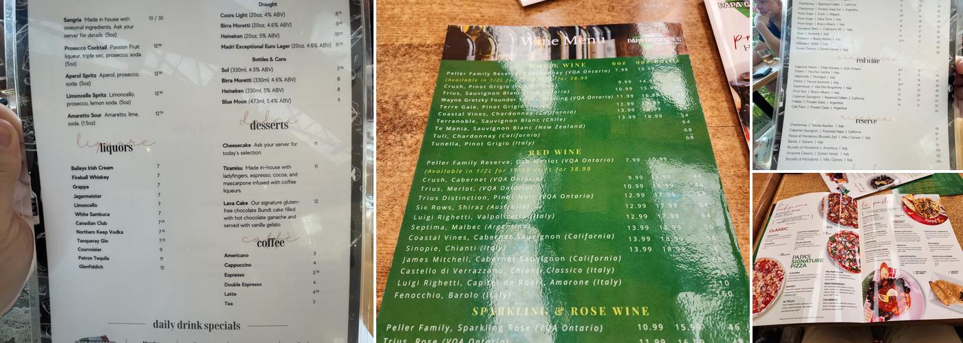Papa Giuseppe's Menu