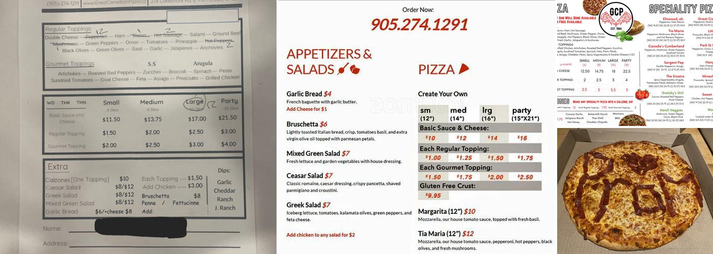 Great Canadian Pizza (GCP) Menu