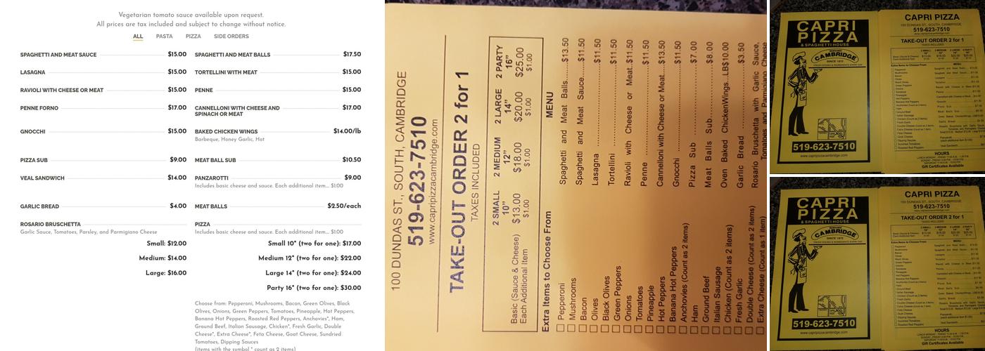 Capri Pizza Menu