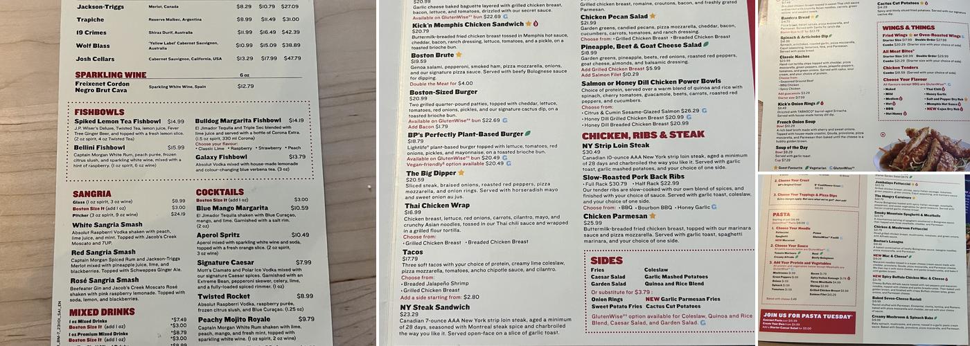 Boston Pizza Menu