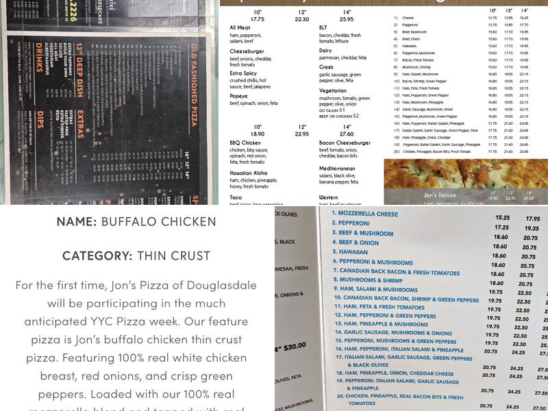 Jon's Pizza Menu