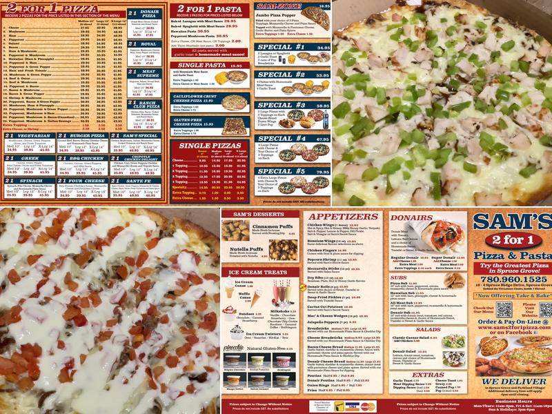 Sam's 2 for 1 Pizza & Pasta Menu
