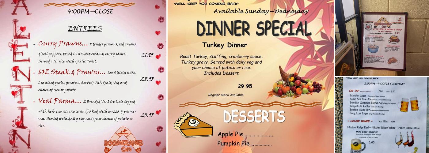 Boomerangs Cafe Menu