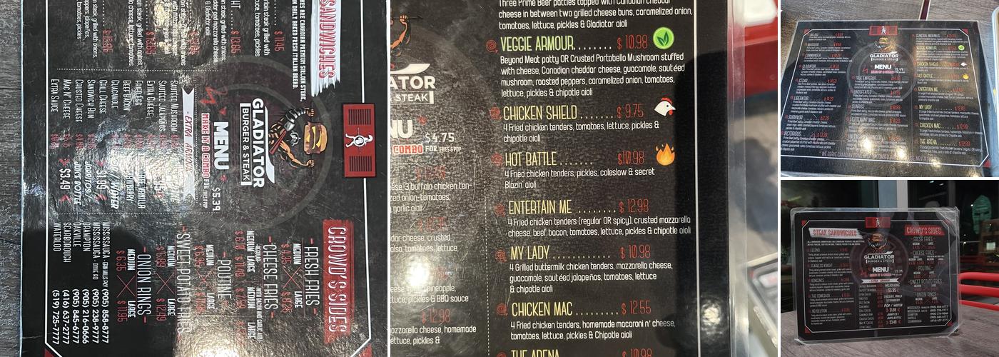 Gladiator Burger & Steak Menu