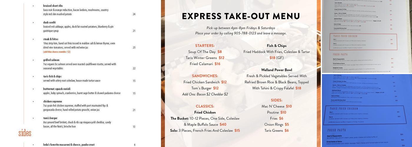 Taris on the Water Menu