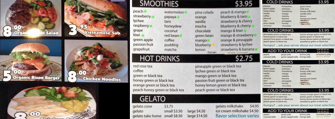 Too Sweet Bubble Tea & Gelato Menu