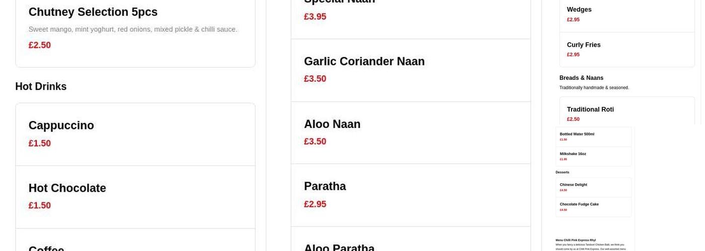 Chilli Pink Express Menu