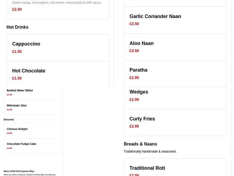 Chilli Pink Express Menu