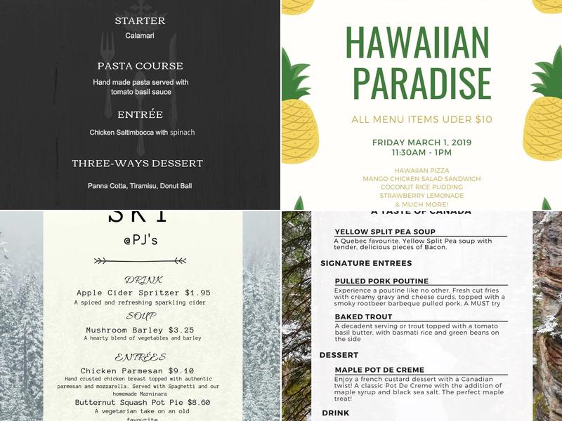 PJ's Restaurant in the Atrium Menu