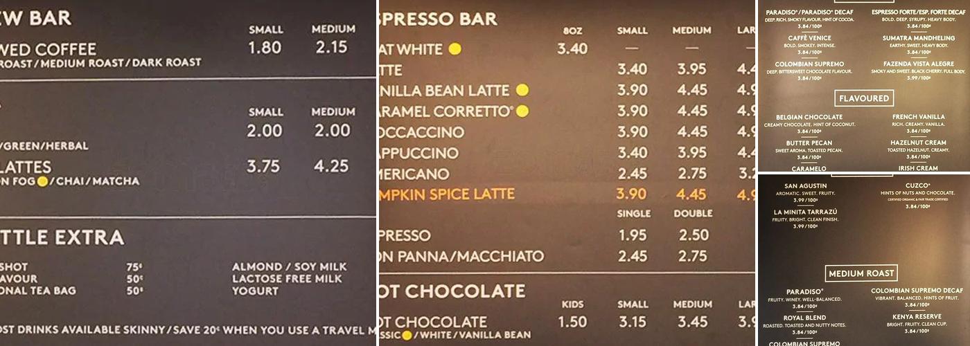 Second Cup Café Menu