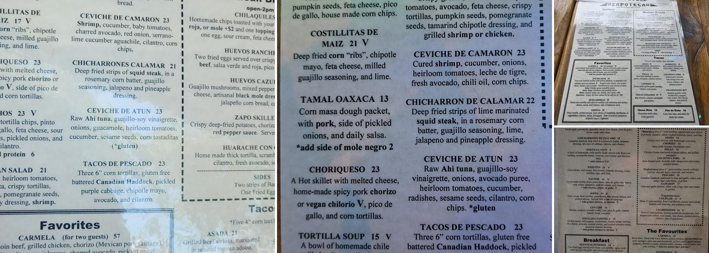 Zapoteca Menu