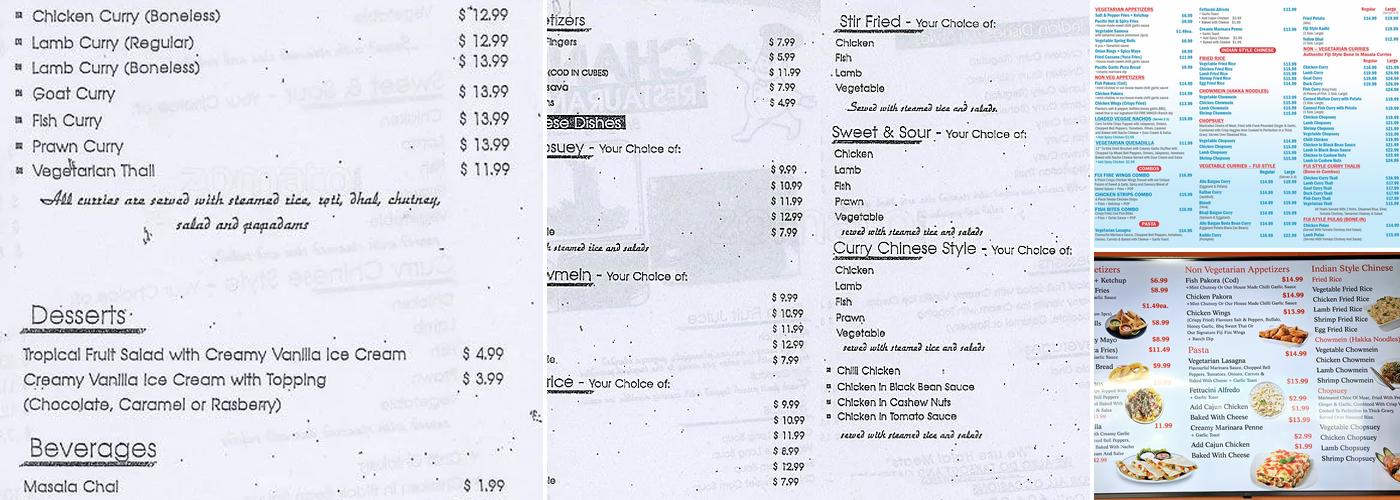 Chand's Restaurant (Pacific Pizza and Fusion) Menu