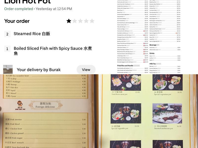 Lion hot pot Ltd Menu