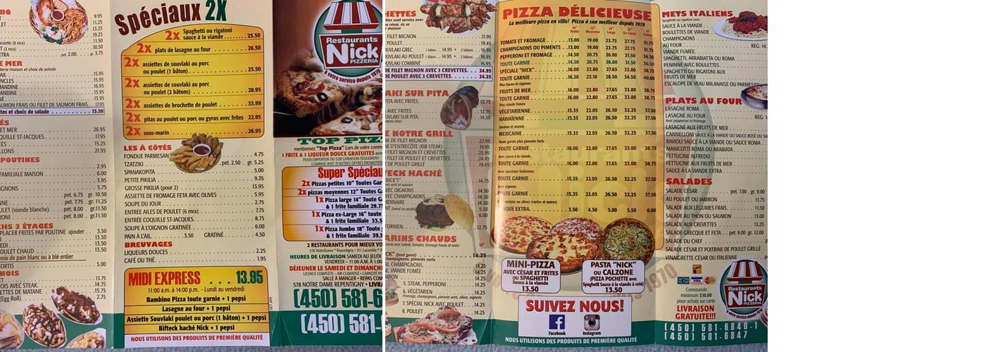 Nick Pizzeria Menu