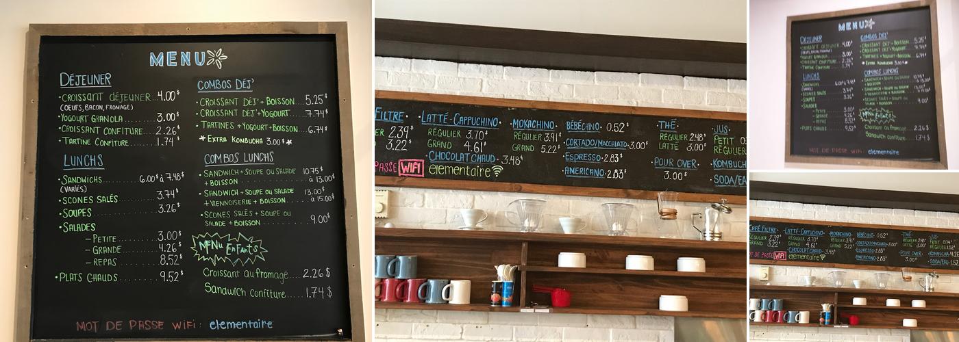 Élémentaire café Menu