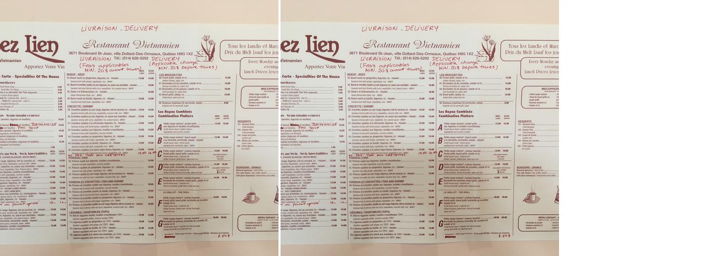 Restaurant Chez Lien Menu
