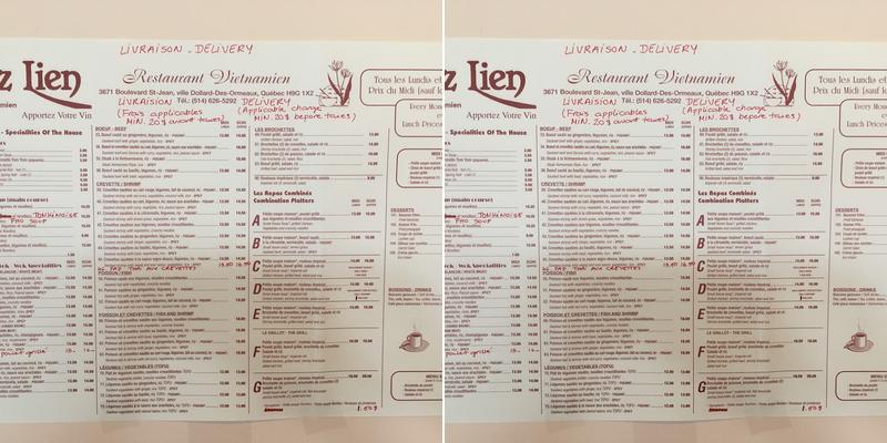 Restaurant Chez Lien Menu