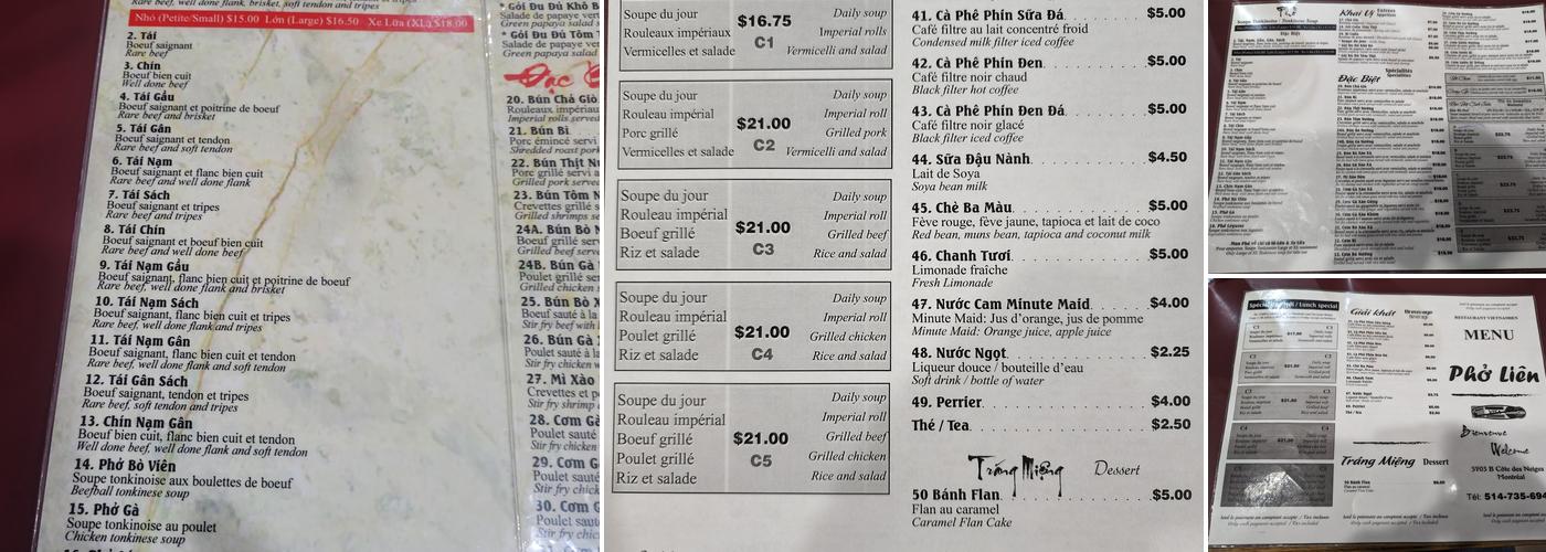 Pho Lien Menu