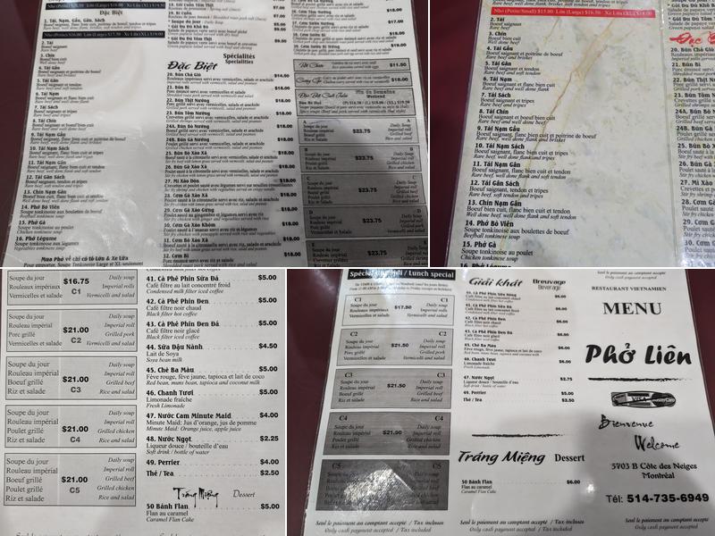 Pho Lien Menu