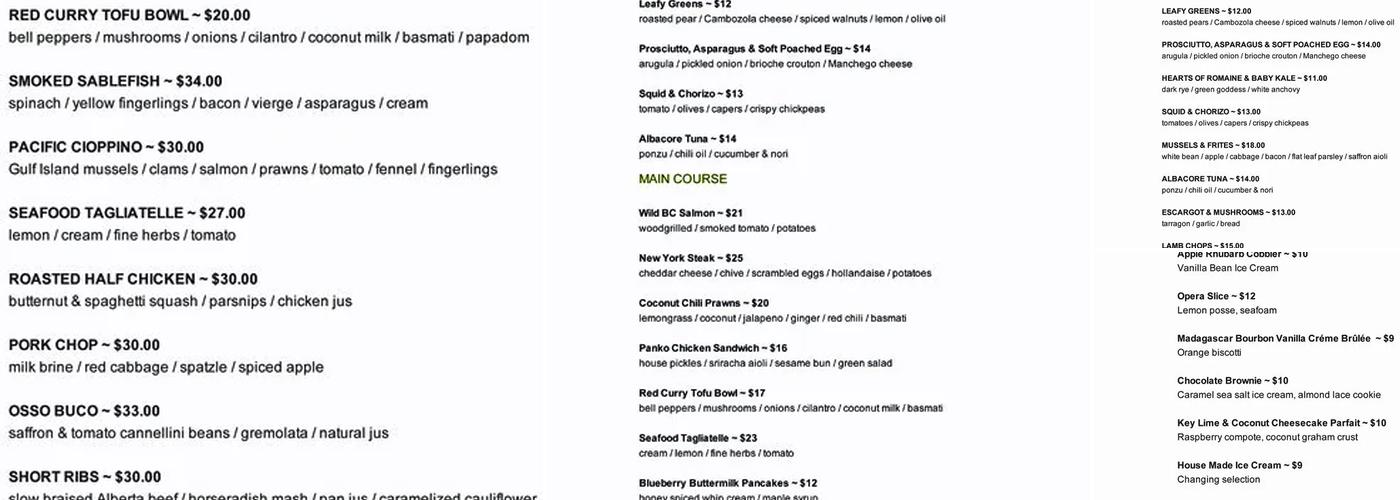 Horizons Restaurant Menu