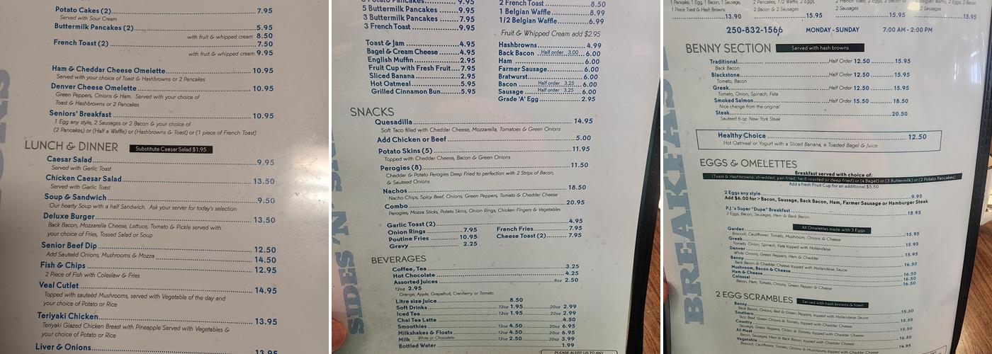 PJ's Restaurant Menu