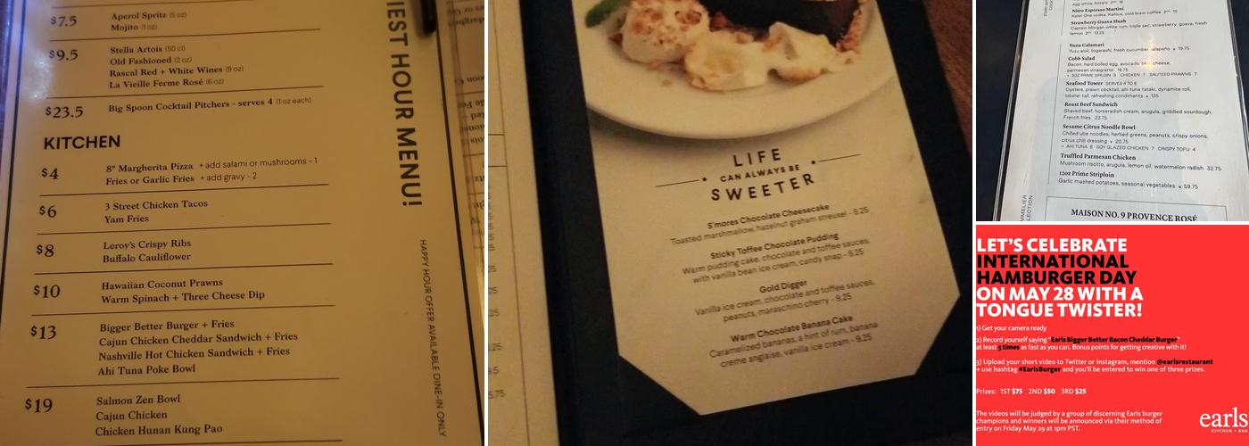 Earls Kitchen + Bar Menu