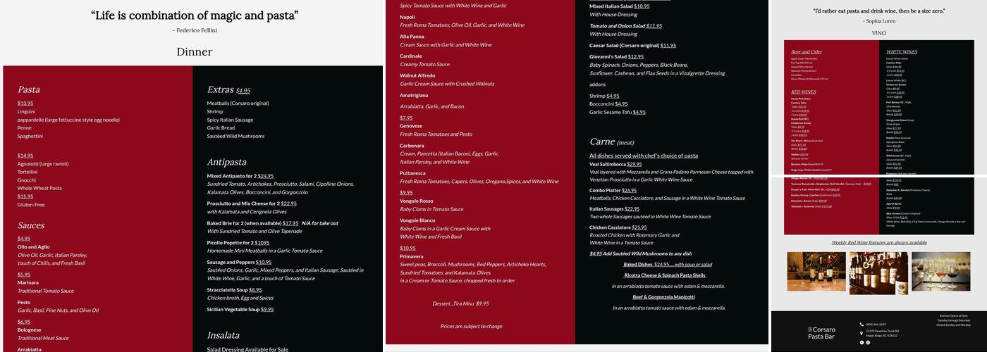 Il Corsaro Pasta Bar Menu