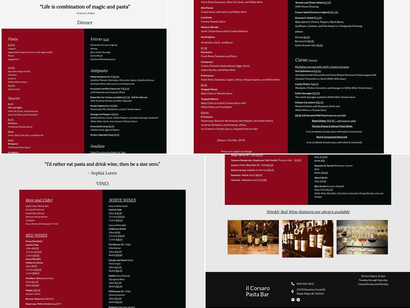 Il Corsaro Pasta Bar Menu