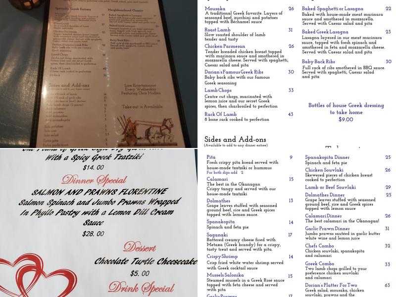 Dorians Greek Taverna Vernon Menu