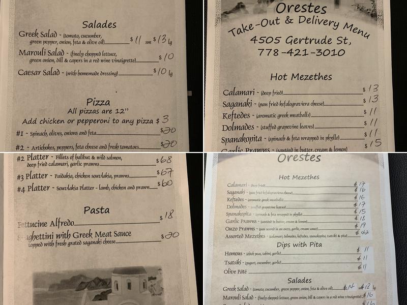 Orestes Greek Kouzina Menu