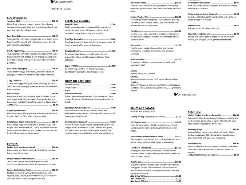 Vic's on Wellington & Bentley's Lounge Menu