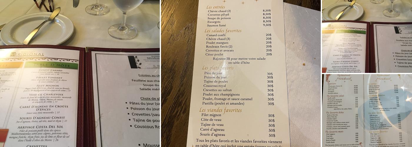 Restaurant Méridional Menu