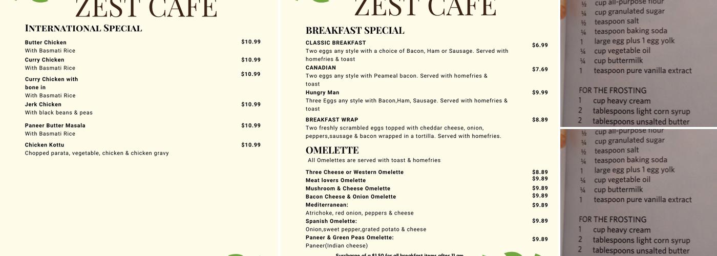 Zest Cafe Menu