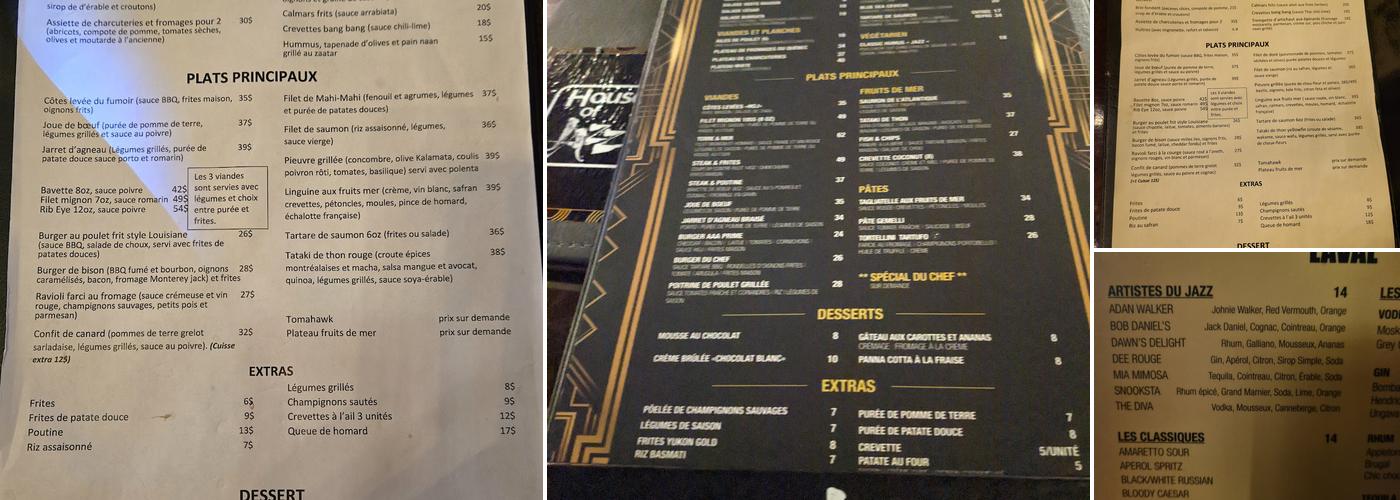 House of Jazz Laval Menu