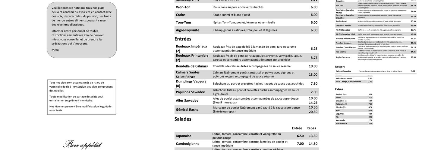 Restaurant Sawadee Menu