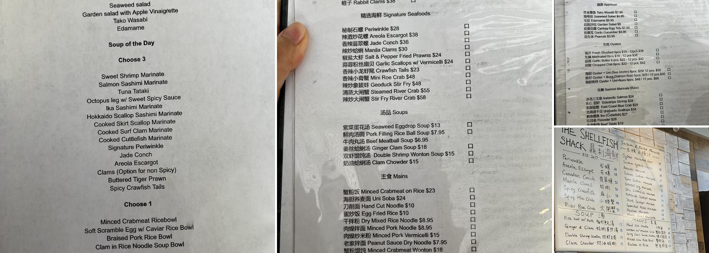 The Shellfish Shack Menu