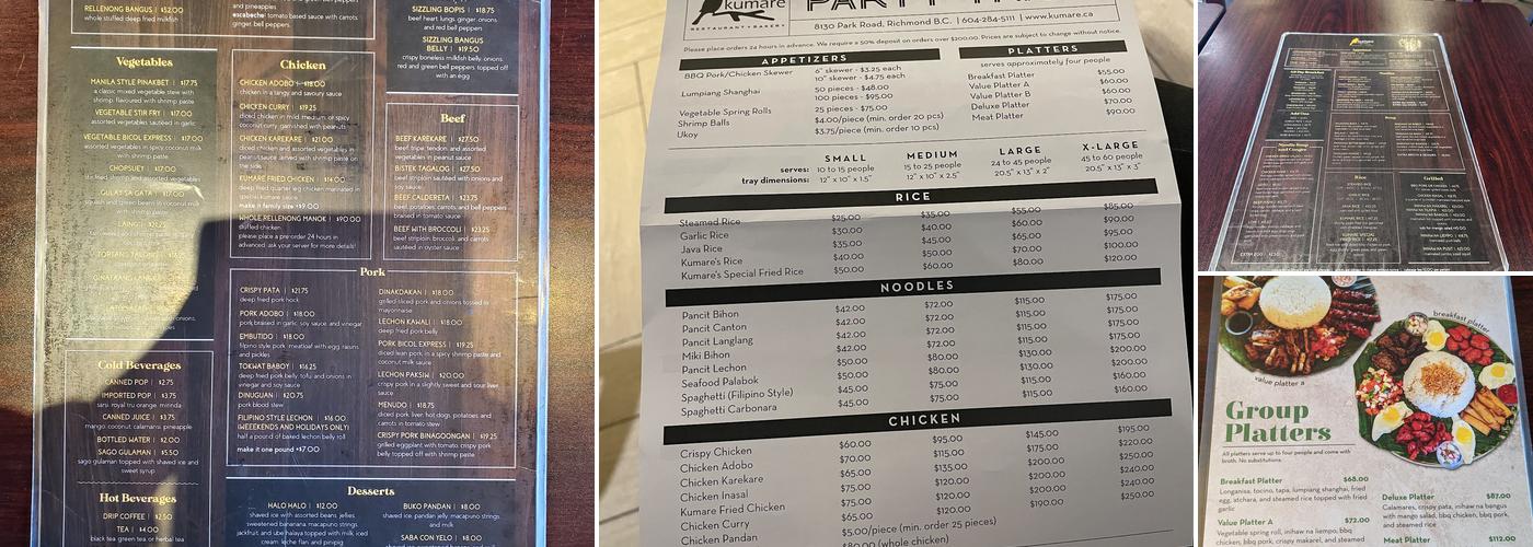 Kumare Restaurant and Bakery Menu